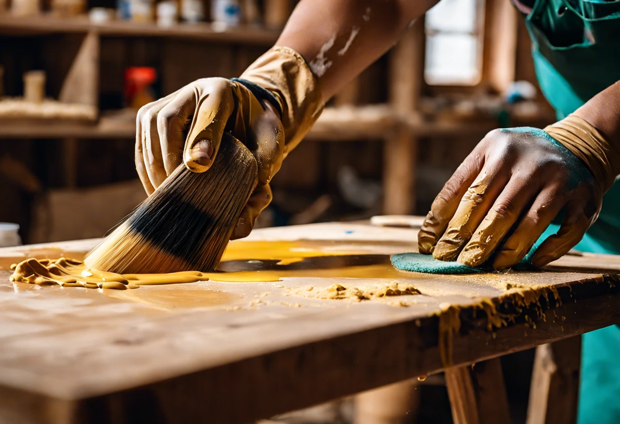 Person using a brush and sponge to remove paint from a wooden surface