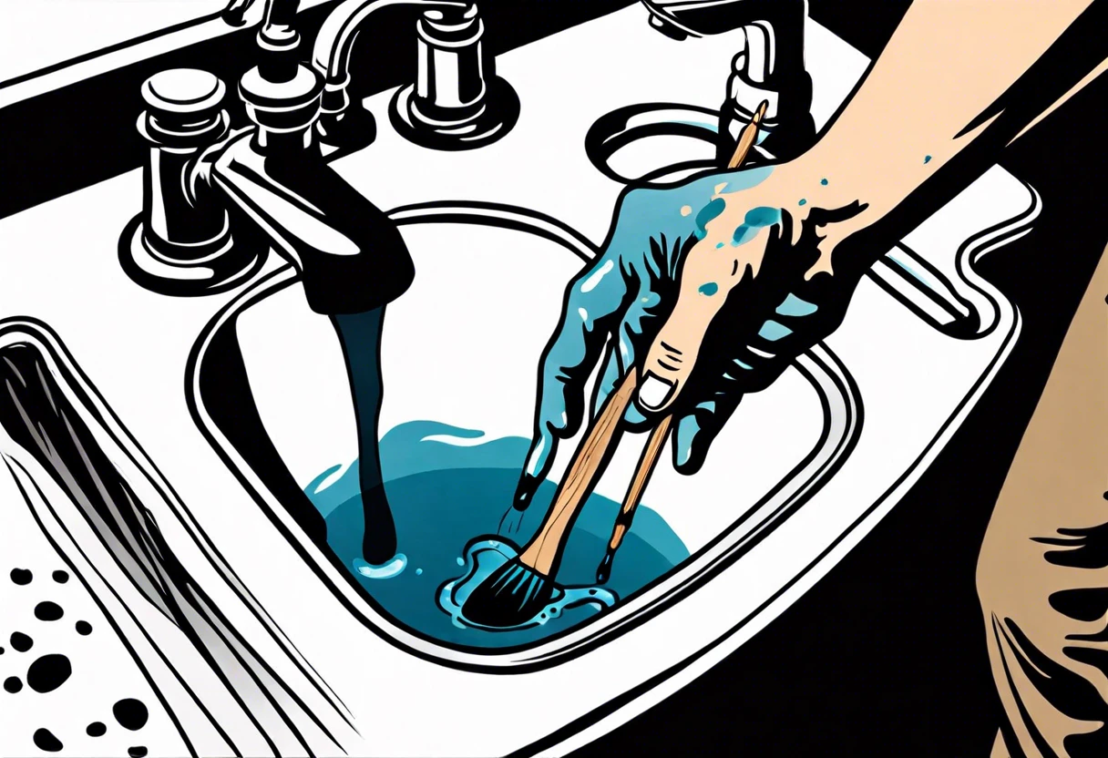 A hand washing paint brushes in a sink to get rid of paint.