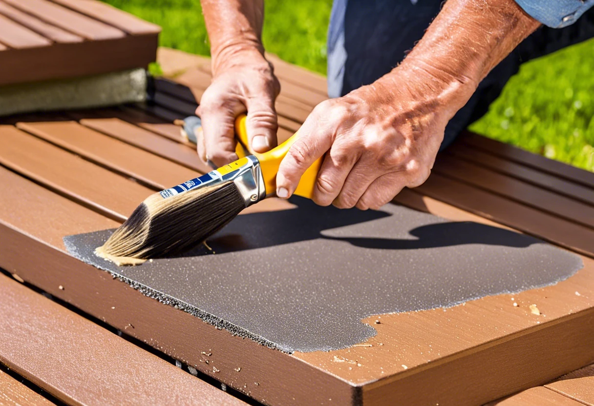 Person using a paintbrush to remove paint from Trex decking surface