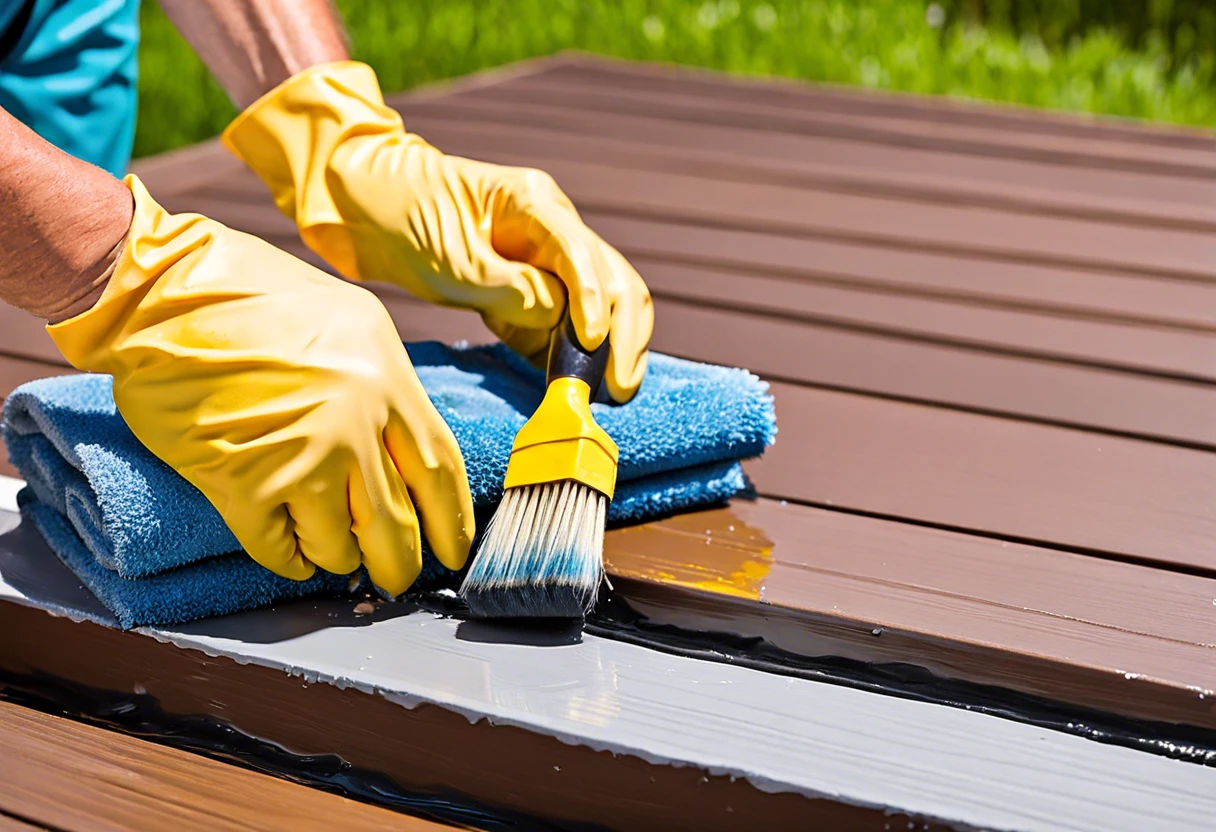Person using a brush to remove paint from Trex decking with gloves and a cloth.