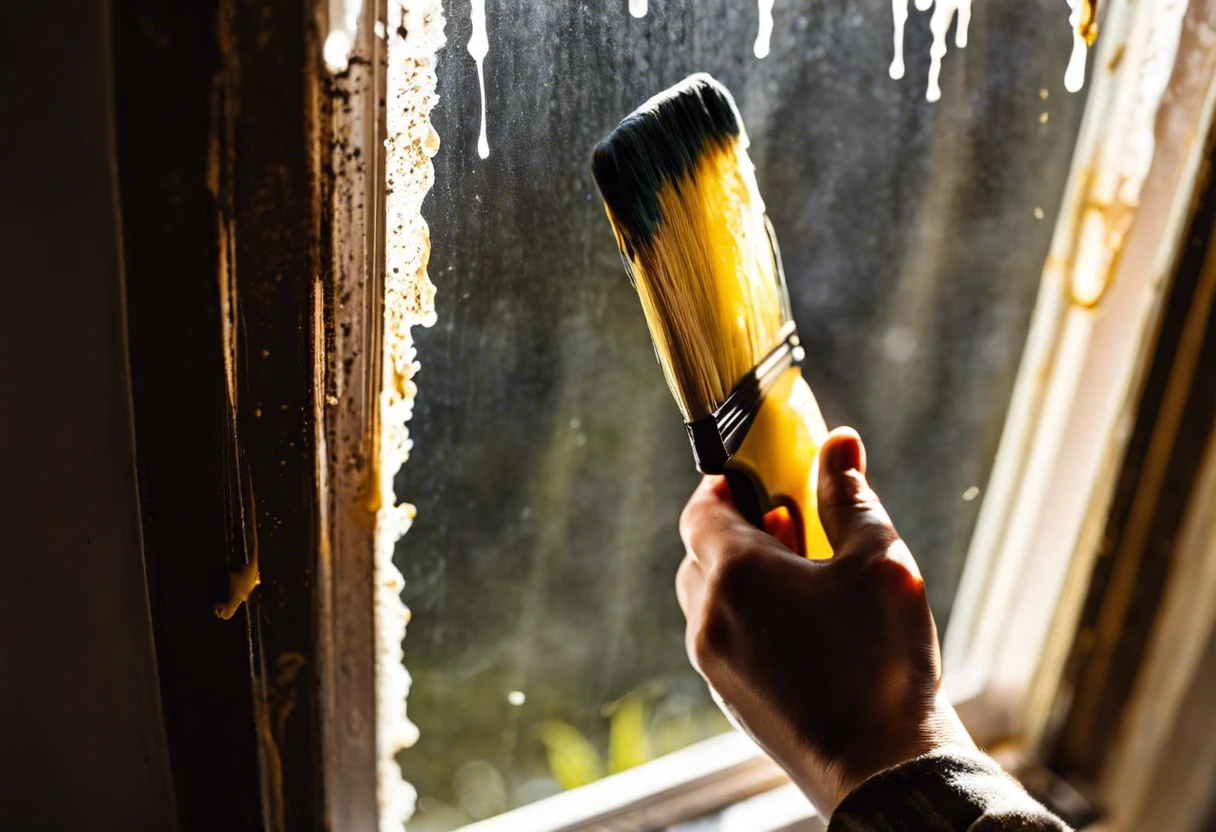 A hand holding a paintbrush near a window with paint stains, demonstrating how to get paint off windows.