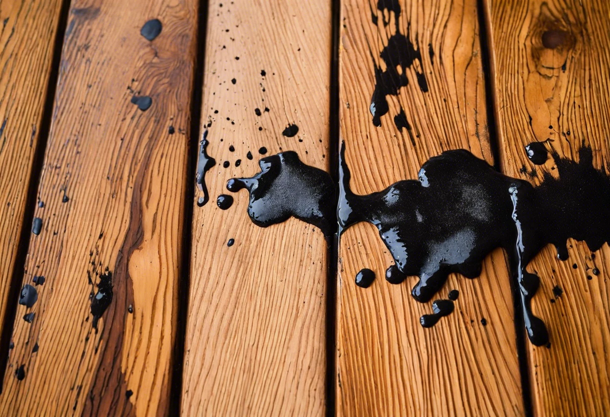 Black paint spilled on a wooden floor, illustrating the challenge of removing paint from wood surfaces.