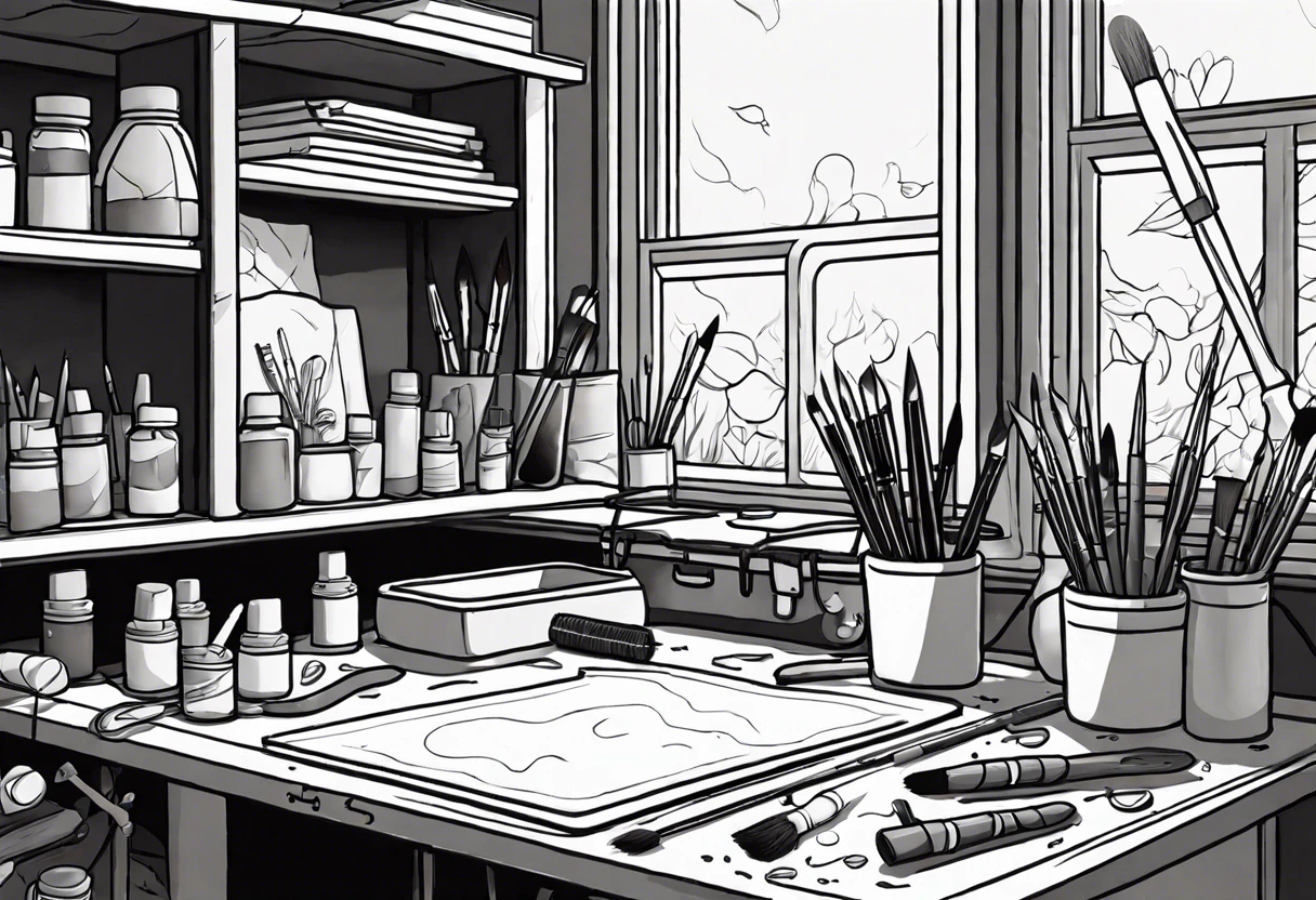 A cluttered crafting workspace with brushes and paints, illustrating methods to remove painted-on lines from healing cutting mats.