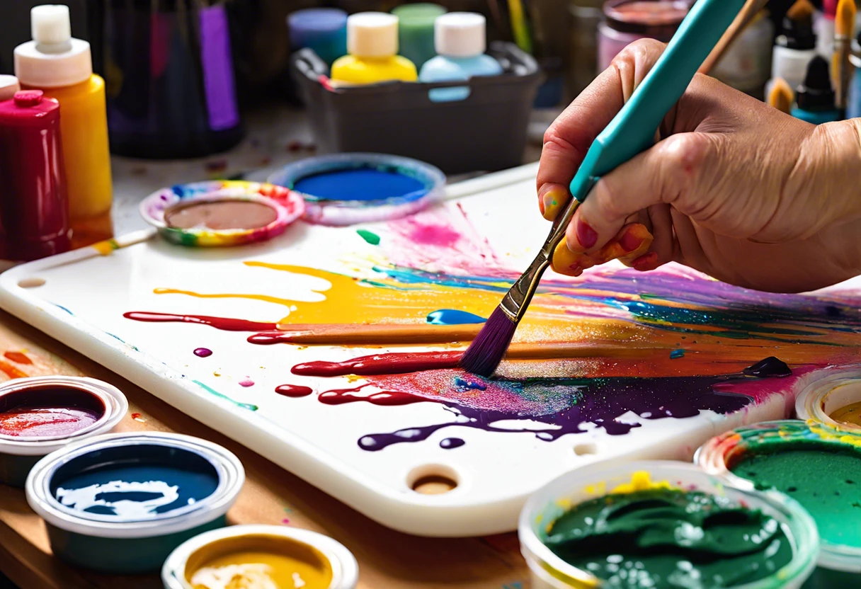 A hand using a brush to paint on a palette, illustrating techniques to remove painted-on lines from healing cutting mats.