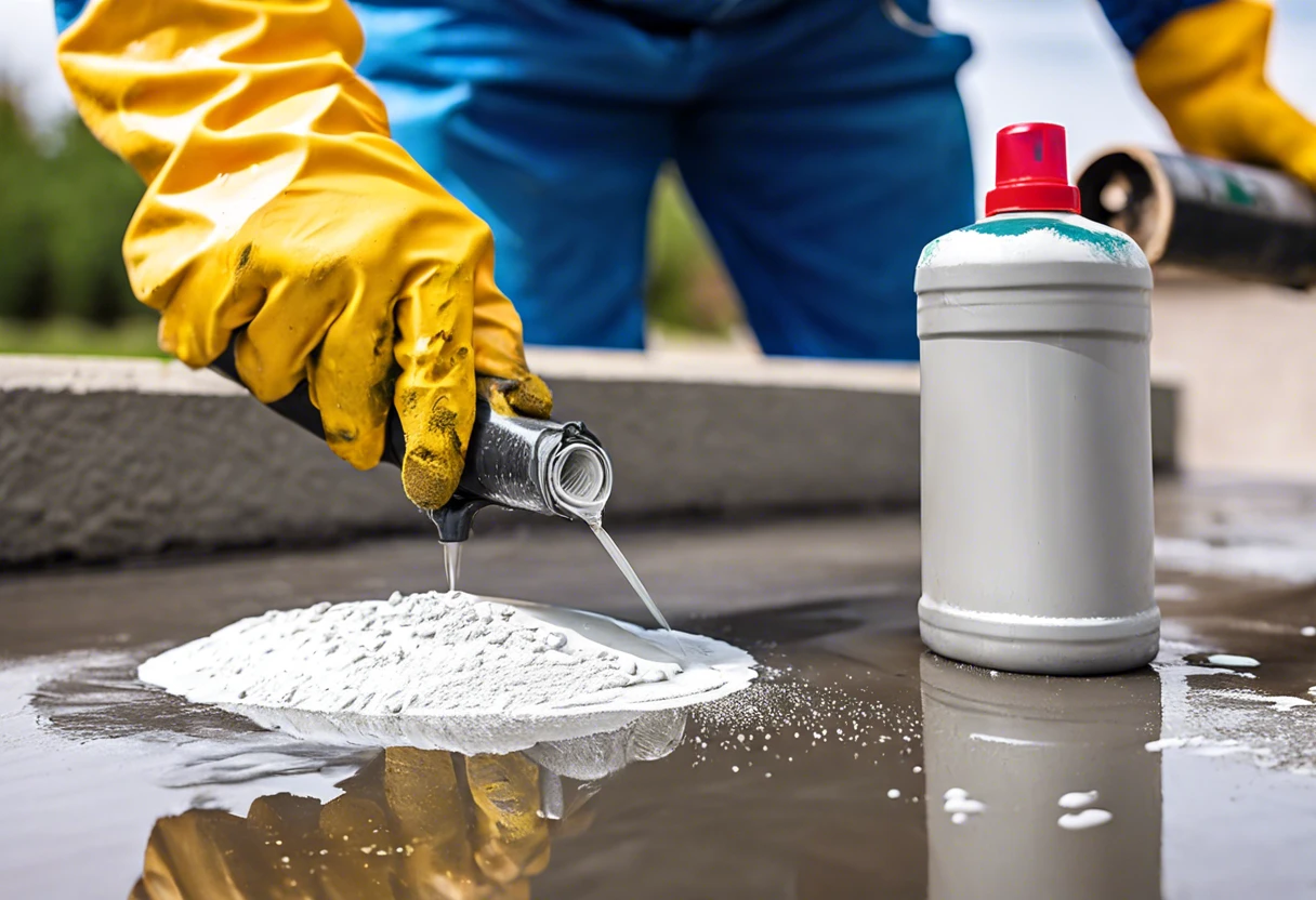 Person in yellow gloves pouring a solvent onto spray paint on concrete surface for removal.