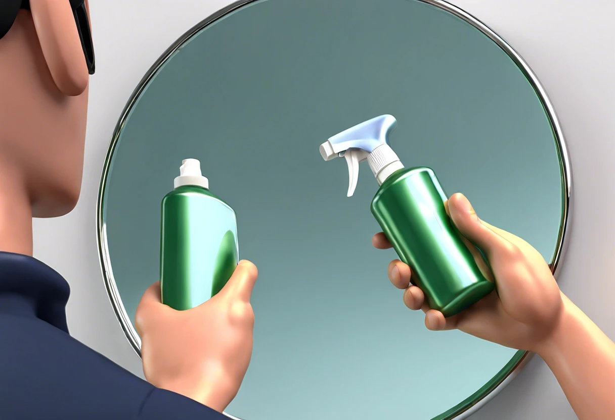 Person holding cleaning spray bottles to remove spray paint from a mirror