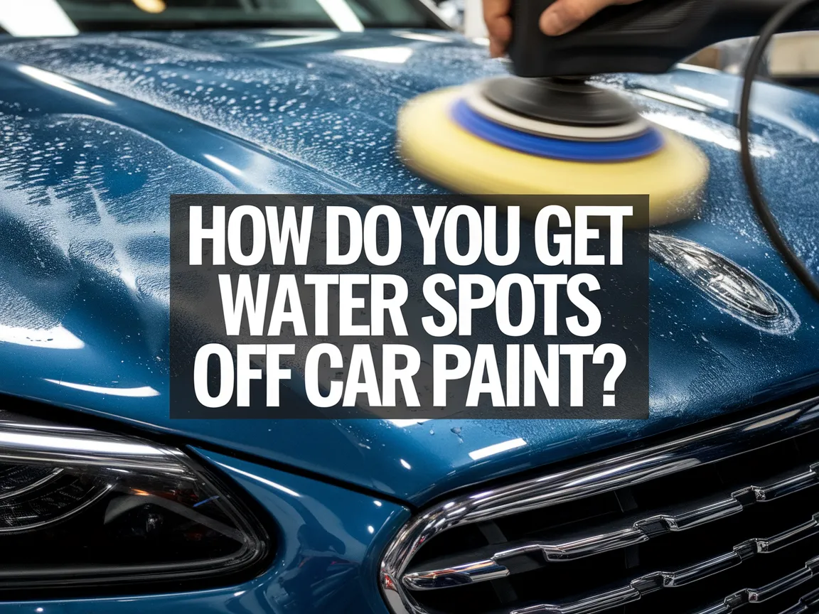 A person using a polisher on a car hood to remove water spots from paint.