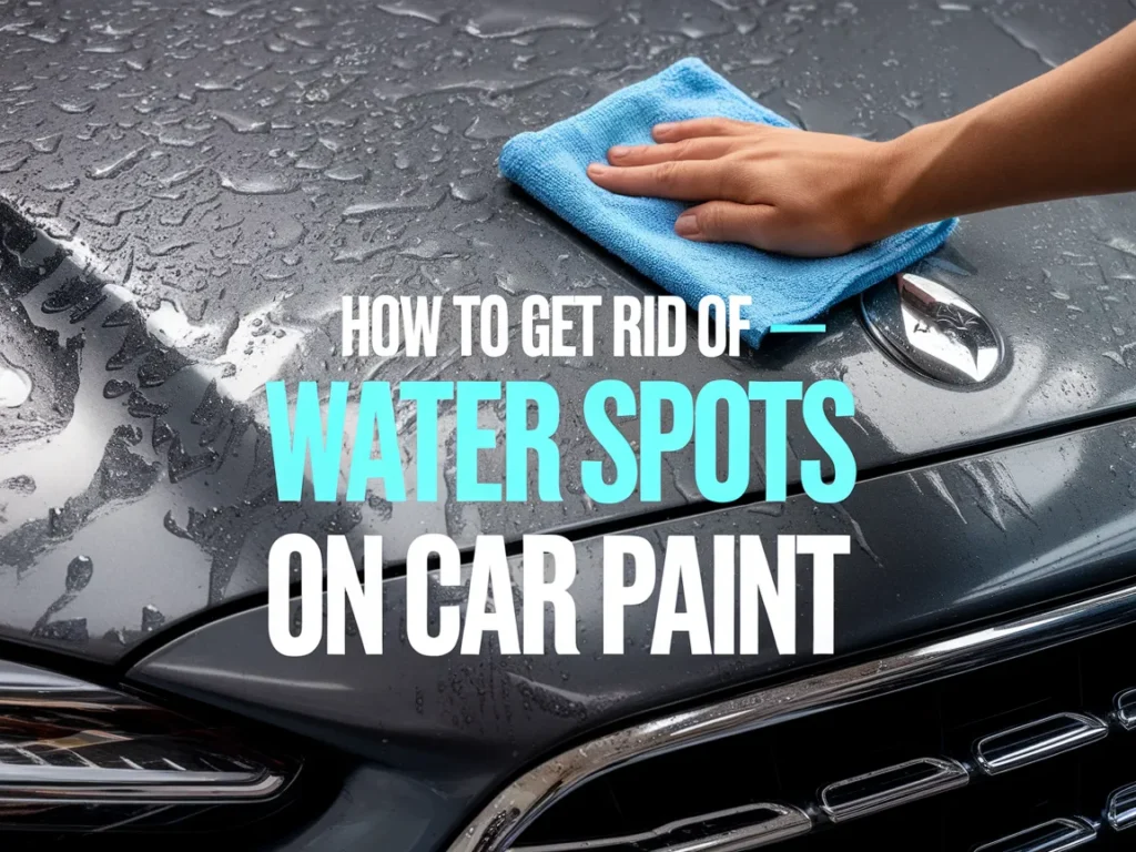 Person wiping water spots off car paint with a microfiber cloth.