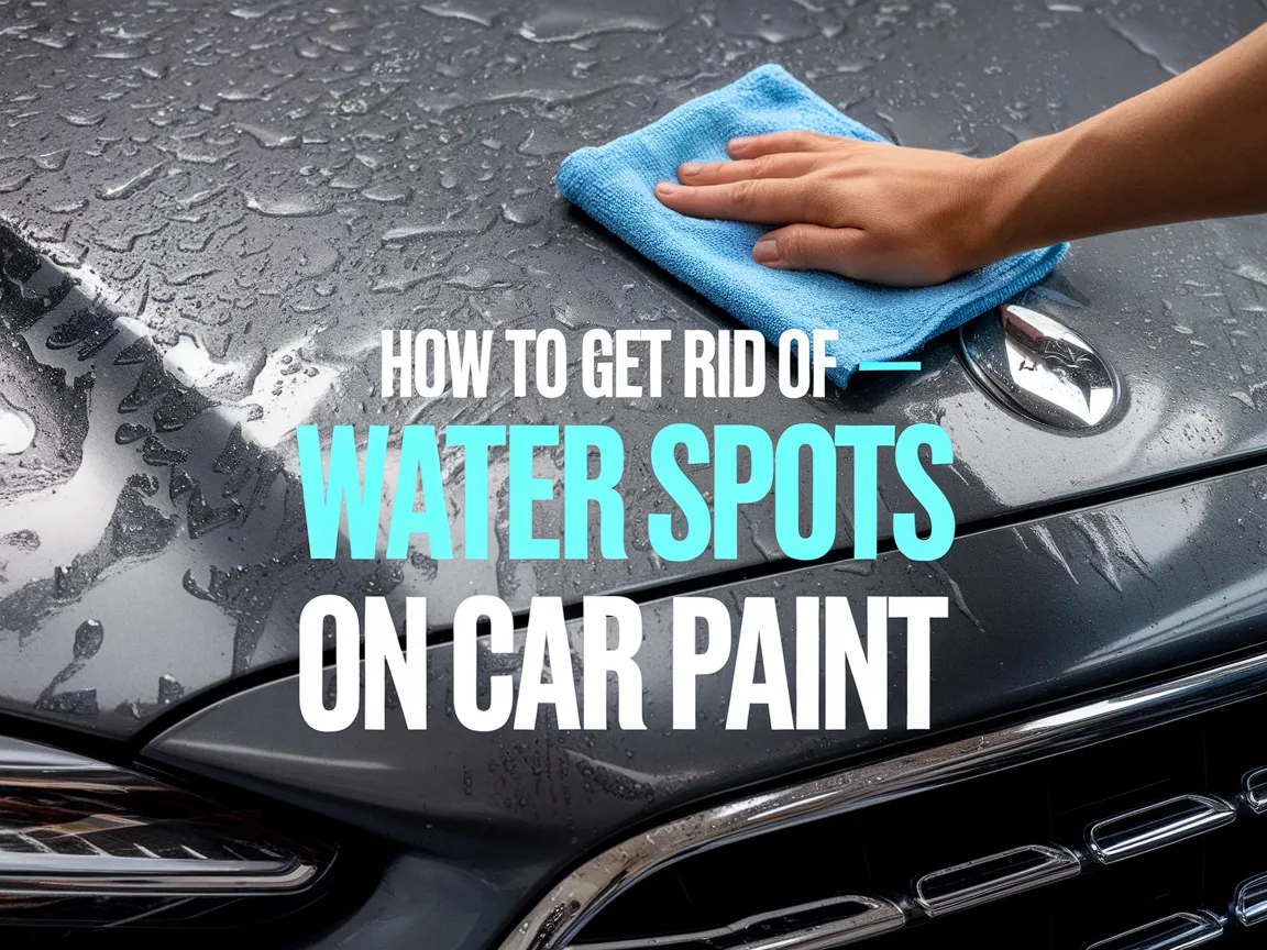 Person wiping water spots off car paint with a microfiber cloth.