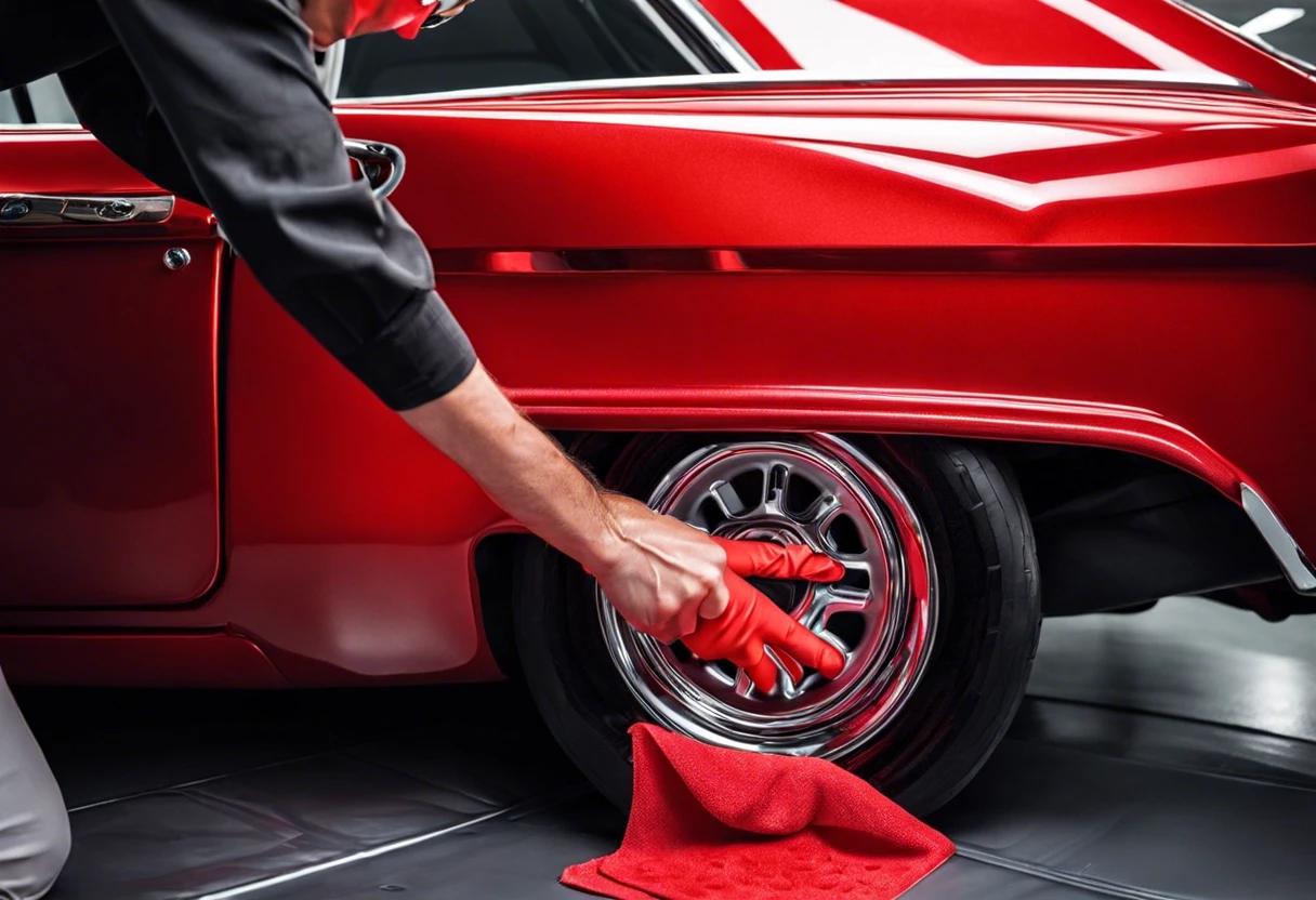 Person cleaning water spots from red car paint with a microfiber cloth, focusing on wheel.