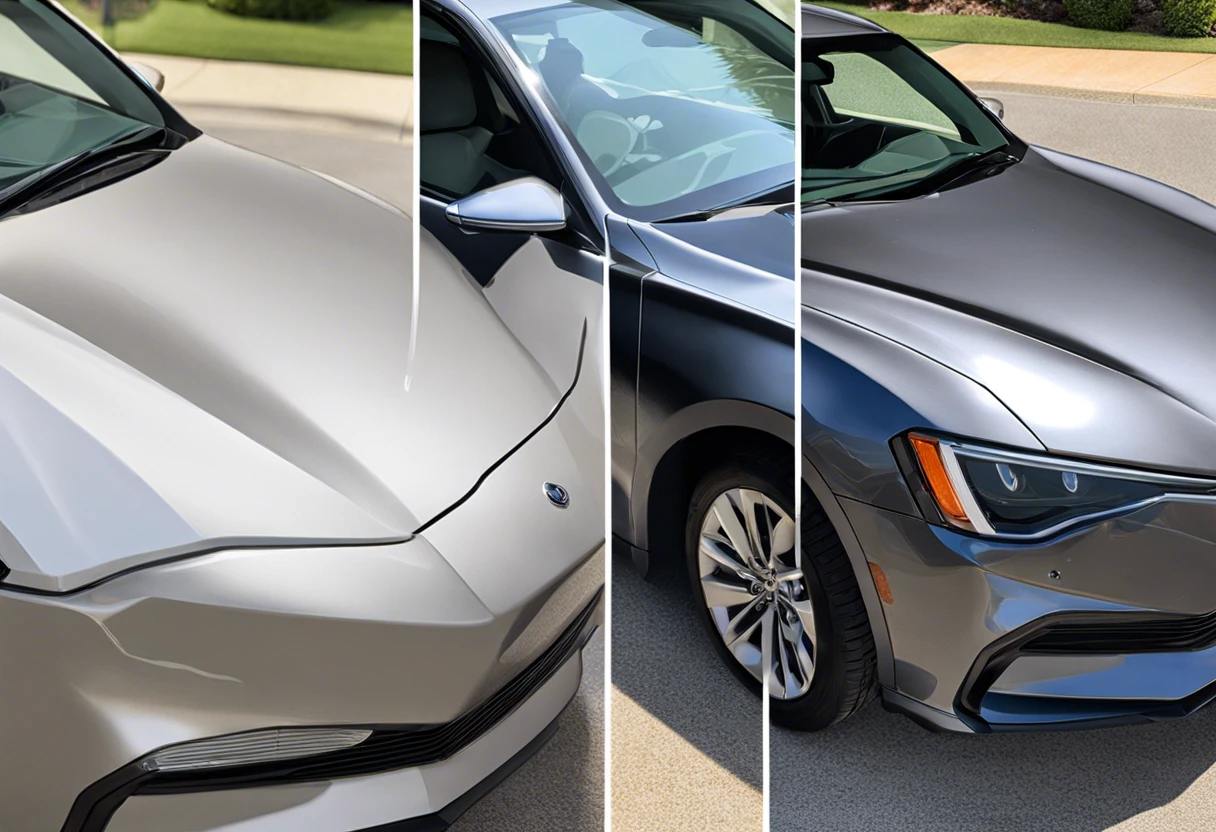 Close-up of car paint showing before and after effects of removing water spots.