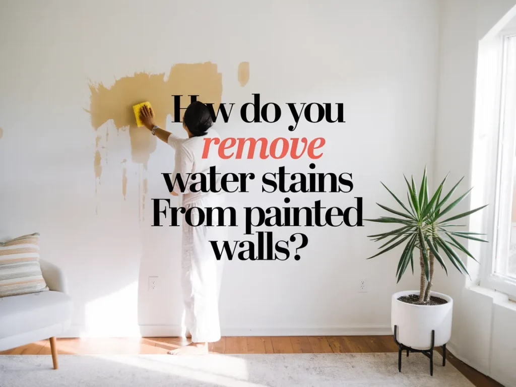 Person cleaning water stains from a painted wall with a sponge