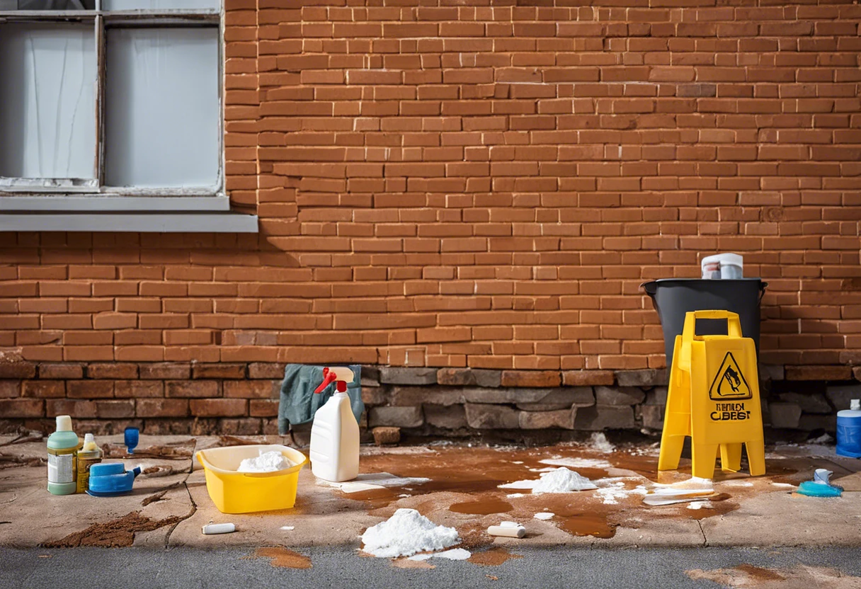 Tools and cleaning solution for removing paint from brick walls.