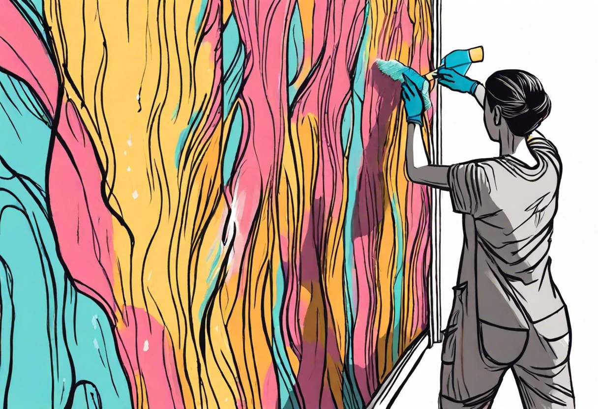 Person cleaning wax off a colorful painted wall using a brush, showcasing techniques for removing wax.