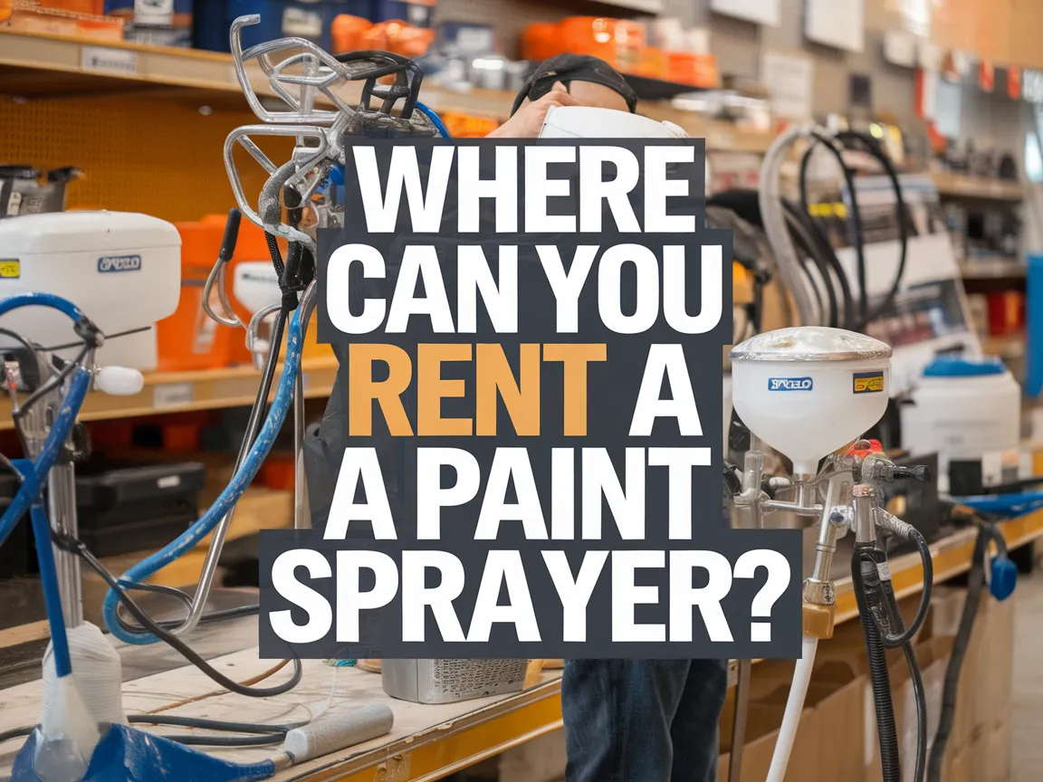 Man holding a paint sprayer with rental store equipment in the background
