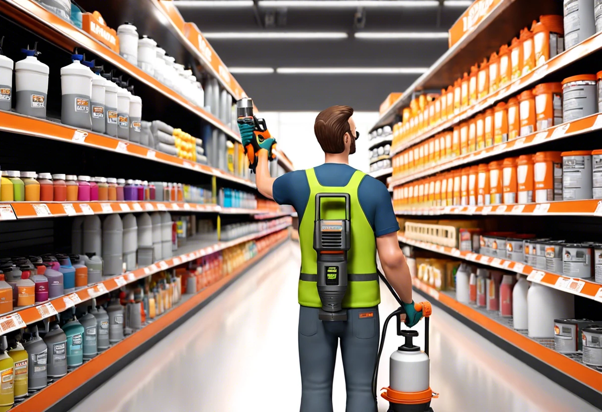 Person in a hardware store aisle holding a paint sprayer for rent from Home Depot