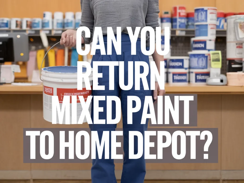 Person holding a bucket of mixed paint in a Home Depot store, related to returning mixed paint.
