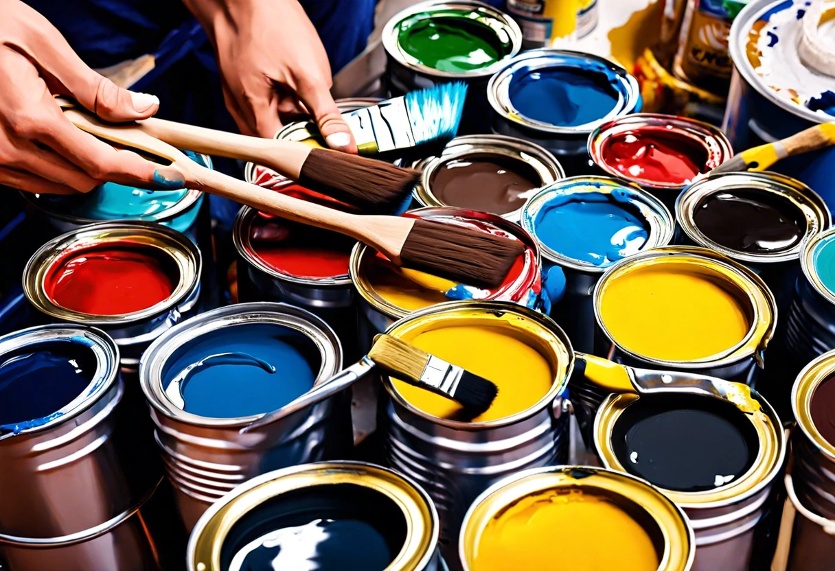 Assorted paint cans and brushes illustrating paint return policy at Lowe's.