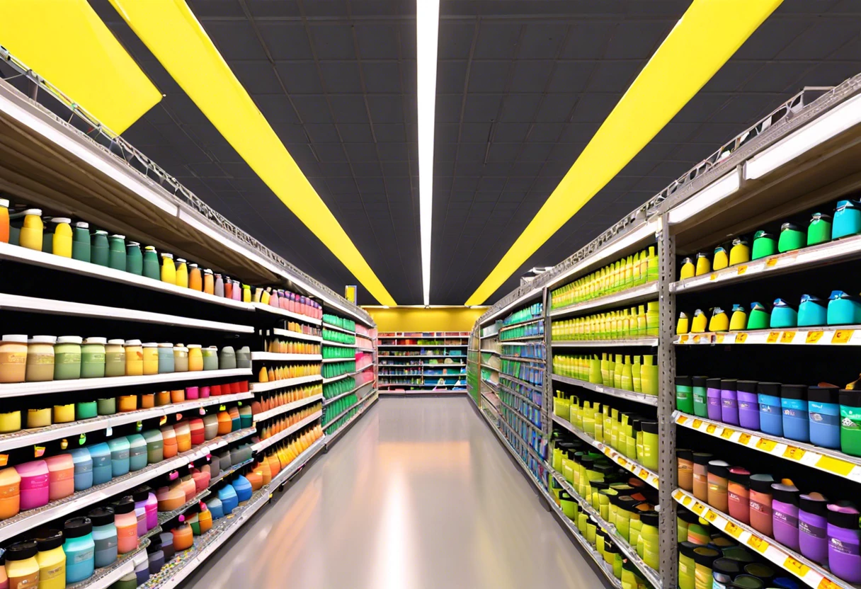 Aisle of paint products at Menards, helpful for understanding paint return policies.