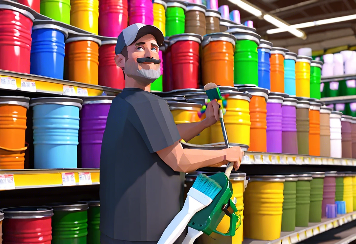 Customer checking paint return policy at Menards with colorful paint cans in the background