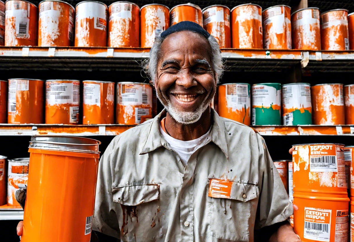 Smiling man holding cans of unopened paint in Home Depot, relevant to the topic of returning unopened paint.