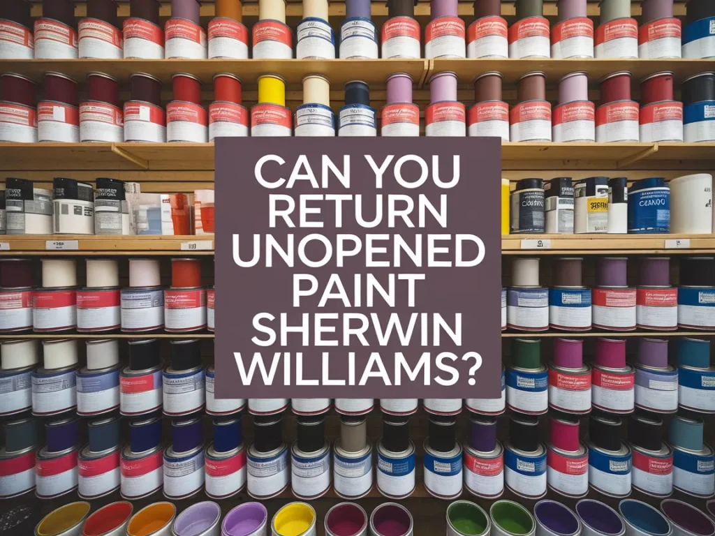 Shelves filled with unopened Sherwin Williams paint cans, exploring return policy options.