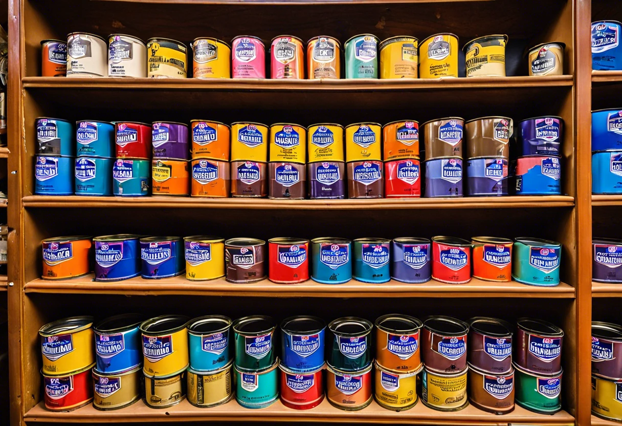 A display of unopened paint cans from Sherwin-Williams showcasing various colors and types, relevant for returning unopened paint.