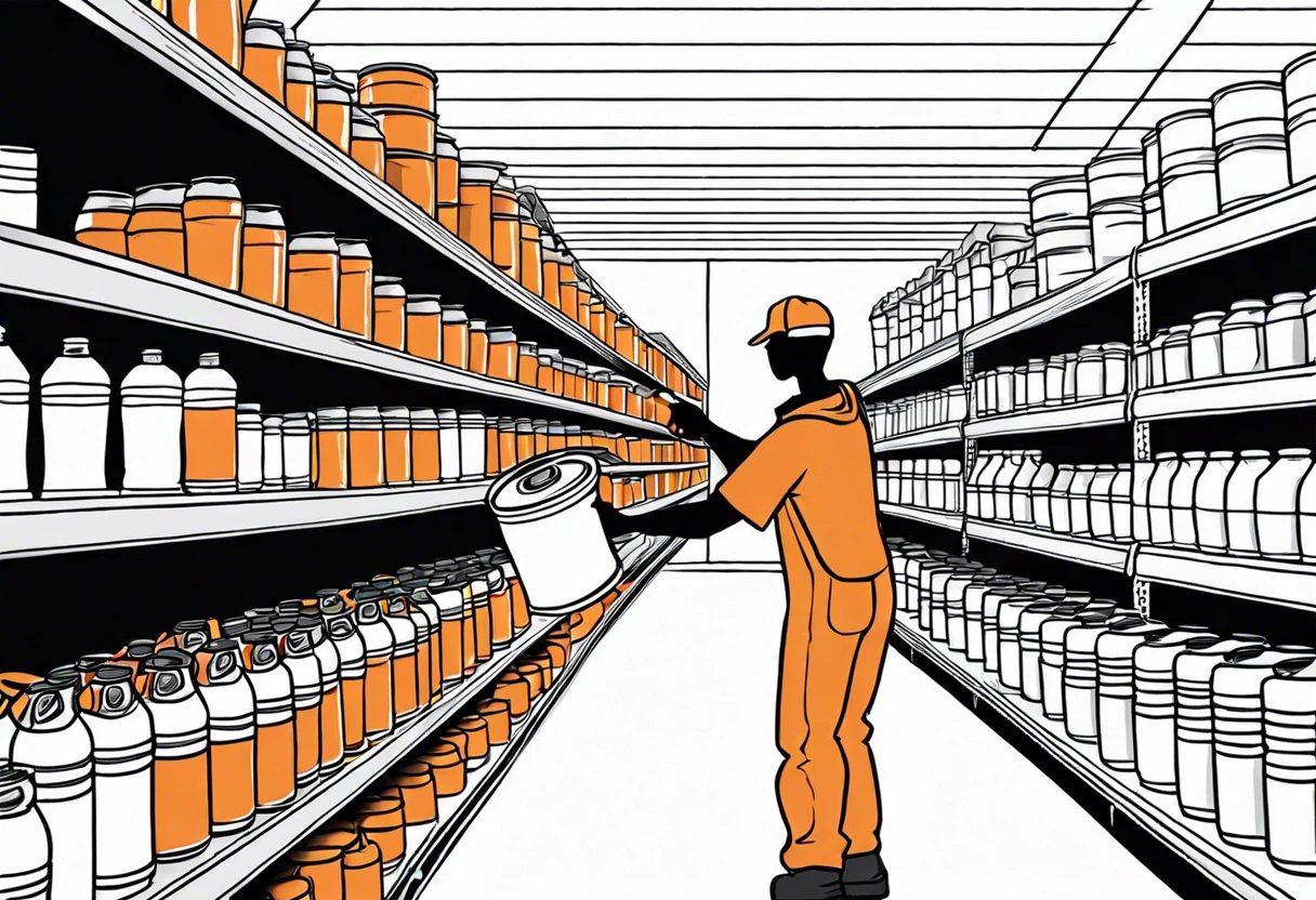 Person holding a can of mixed paint in a Home Depot aisle with paint shelves