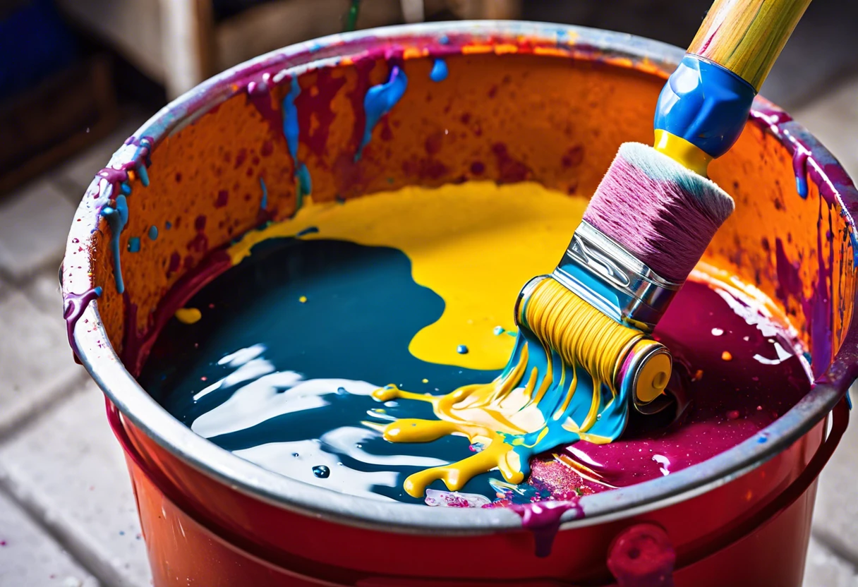 A paint roller immersed in vibrant paint colors, illustrating the concept of reusing paint rollers.