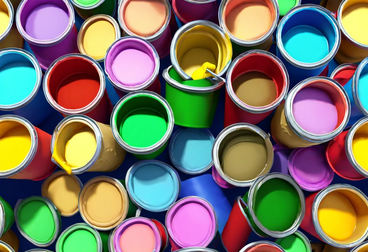 Colorful paint cans and rollers, illustrating the concept of reusing paint rollers.