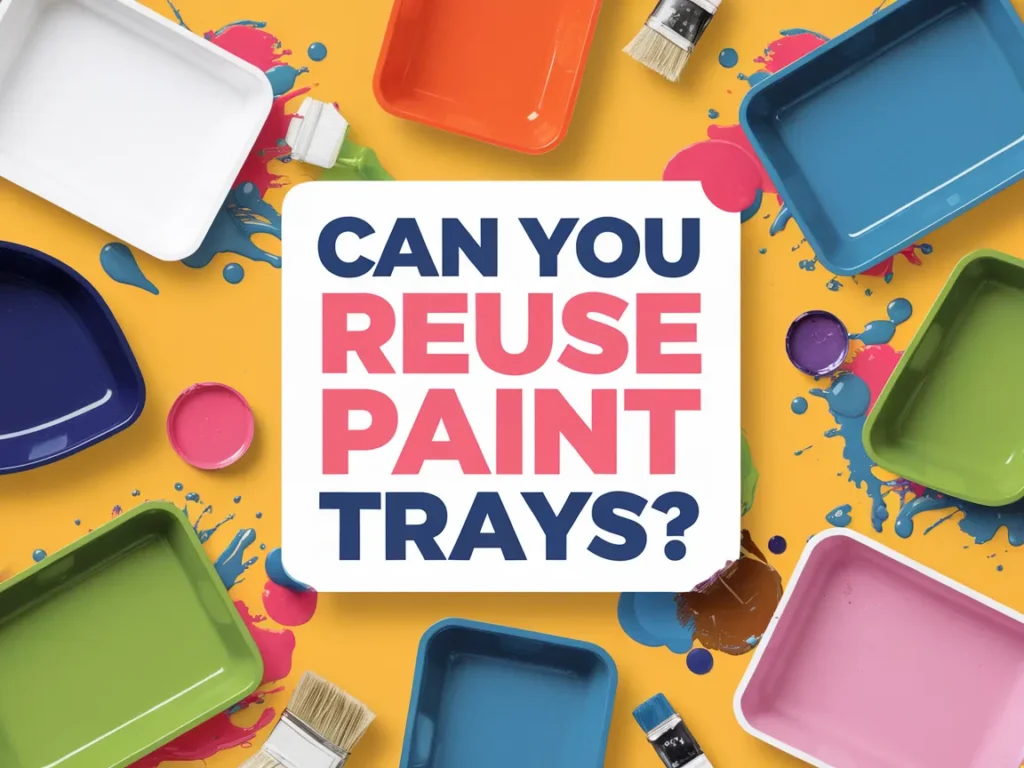 An assortment of colorful paint trays and brushes with the text 'Can You Reuse Paint Trays?' for a blog article on paint tray reuse.