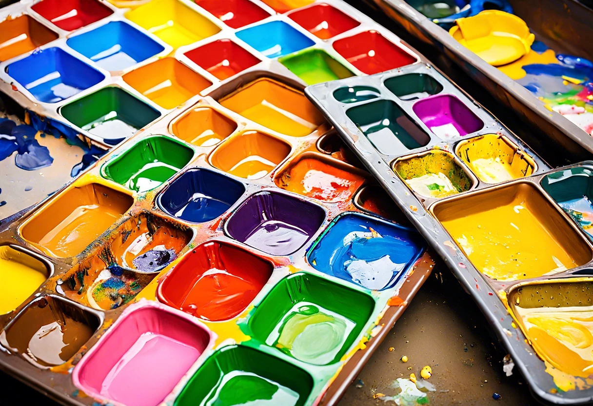 Colorful paint trays with various paint colors, illustrating the topic of reusing paint trays.