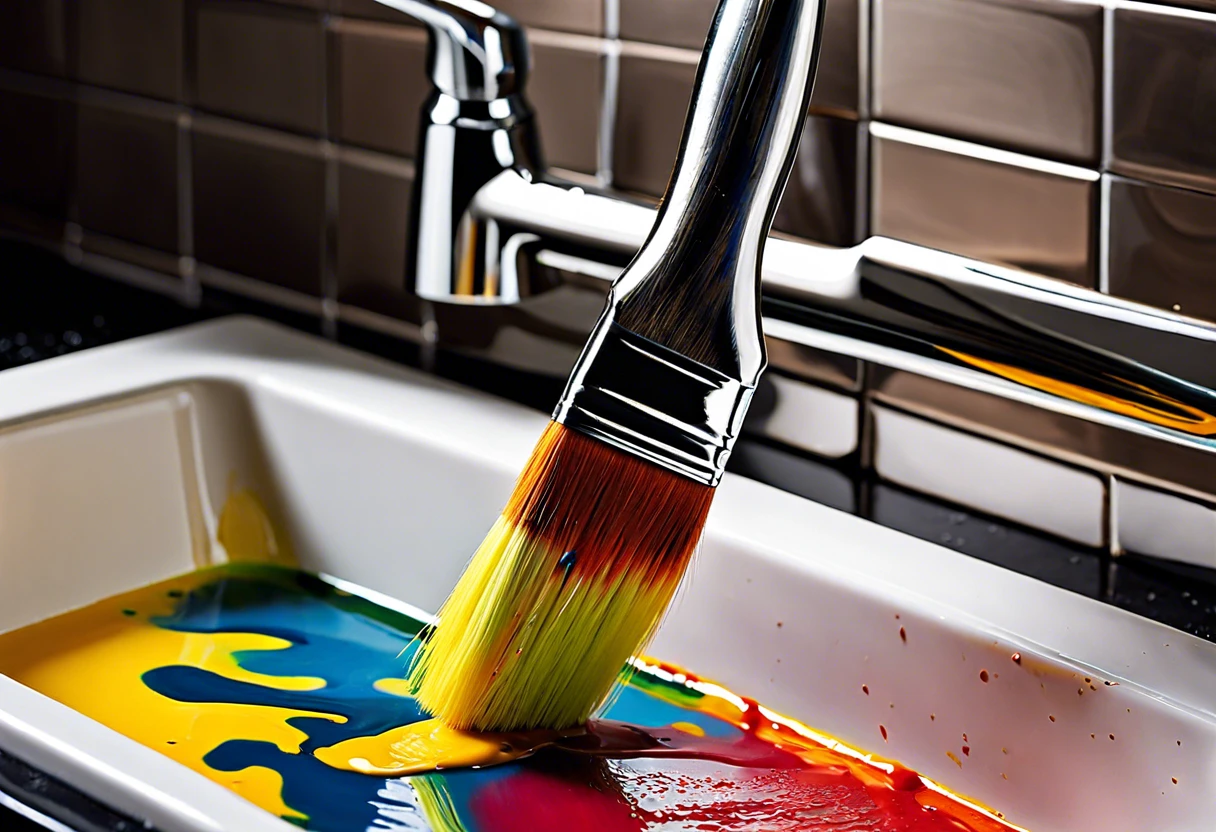 A paint brush rinsed in a sink filled with colorful paint, illustrating the question of whether it's safe to rinse paint brushes in the sink.