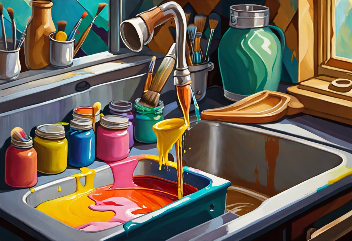 A sink filled with colorful paint and brushes, illustrating the process of rinsing paint brushes in the sink.