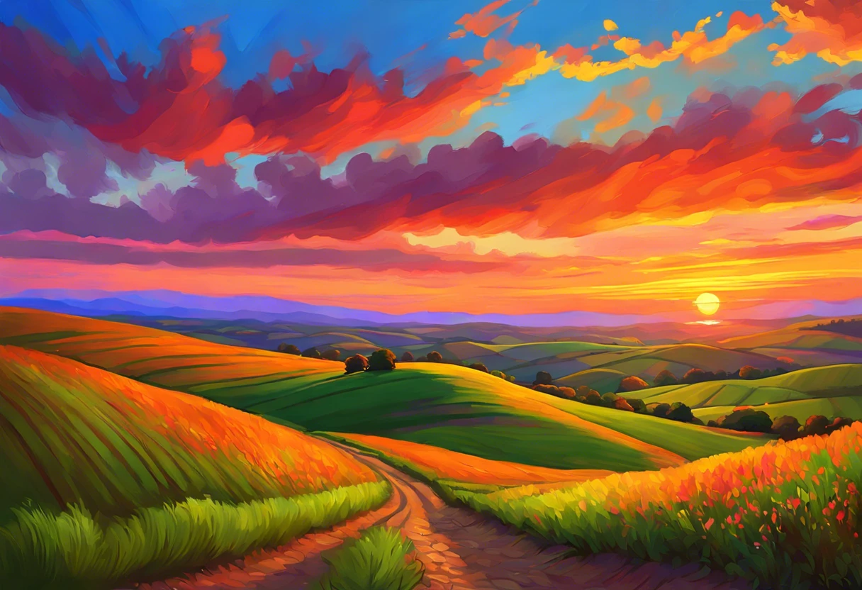 A vibrant landscape painting by Robert D. Stephenson showcasing a sunset over rolling hills, illustrating the artist's unique style.