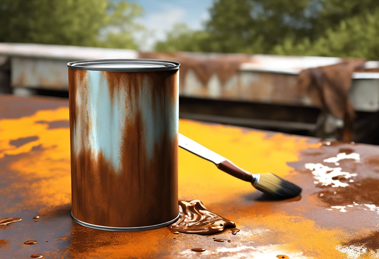 Rustoleum paint can sitting on a rusty surface with a brush, illustrating its capability to cover rust.