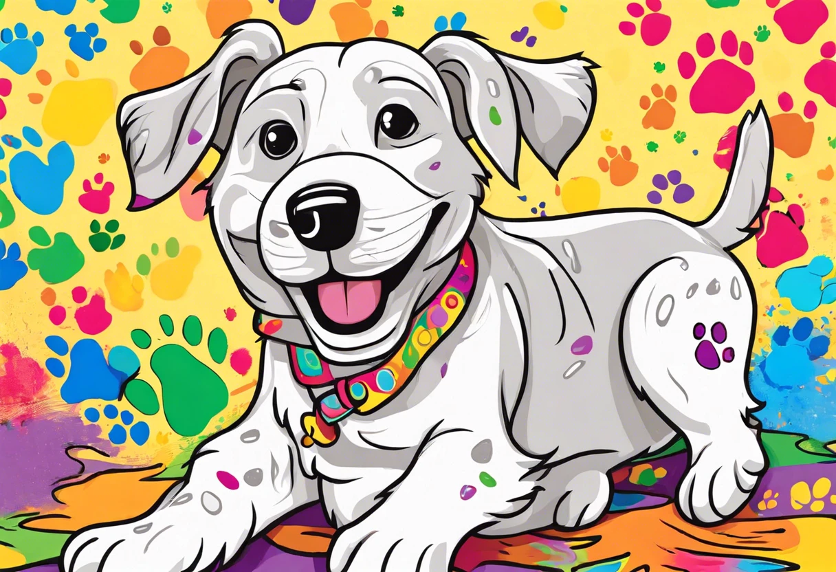 Illustration of a happy dog with colorful paint, representing safe paint options for dogs' paws.
