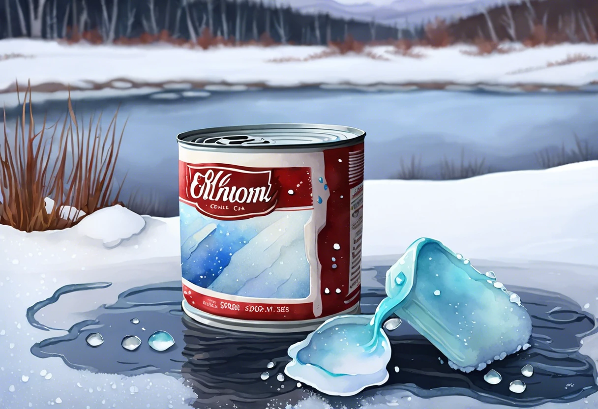 A can of paint and spilled frozen paint, illustrating the effects of freezing on paint.