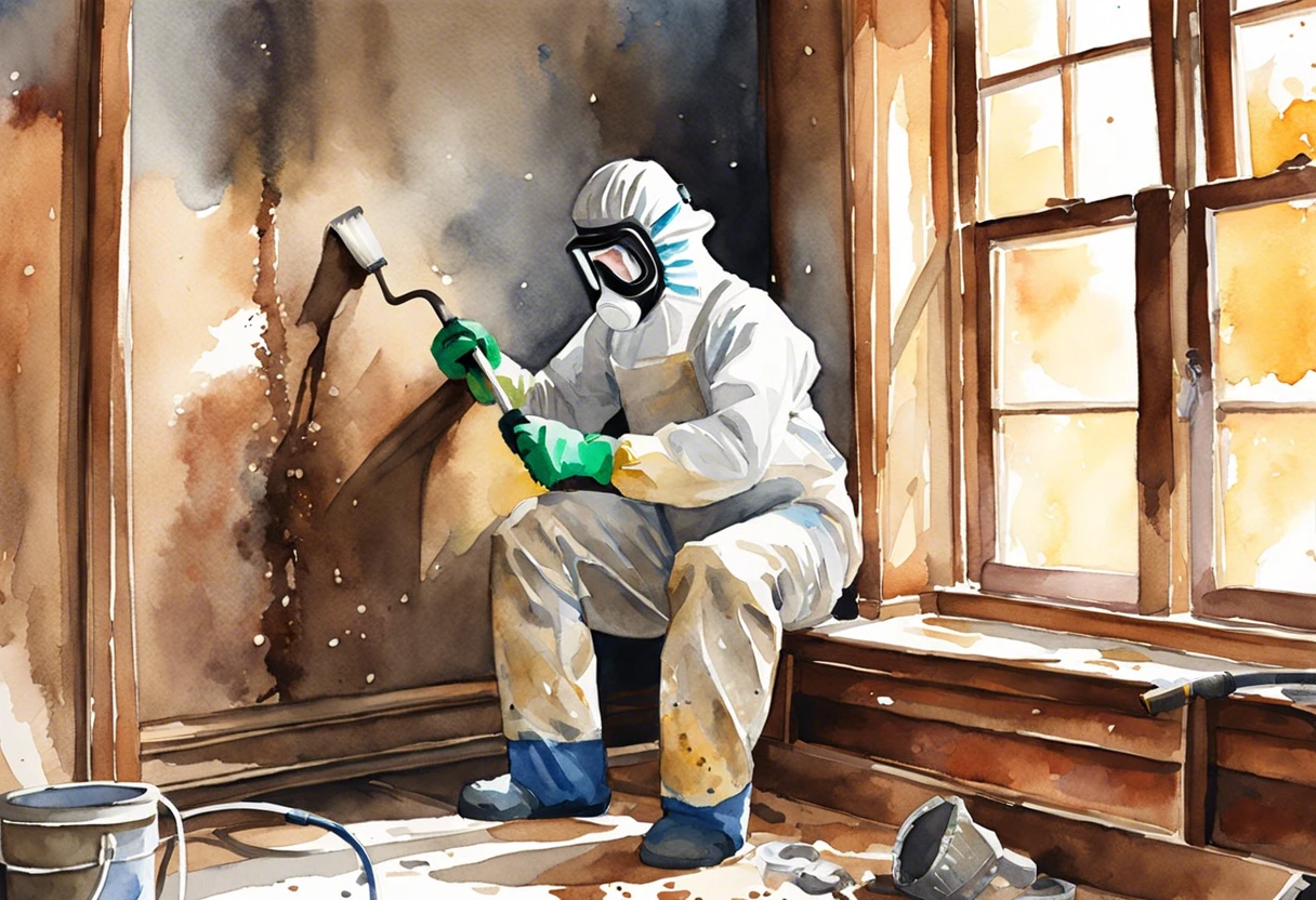 Person in protective gear sanding lead paint off a wall to ensure safety.