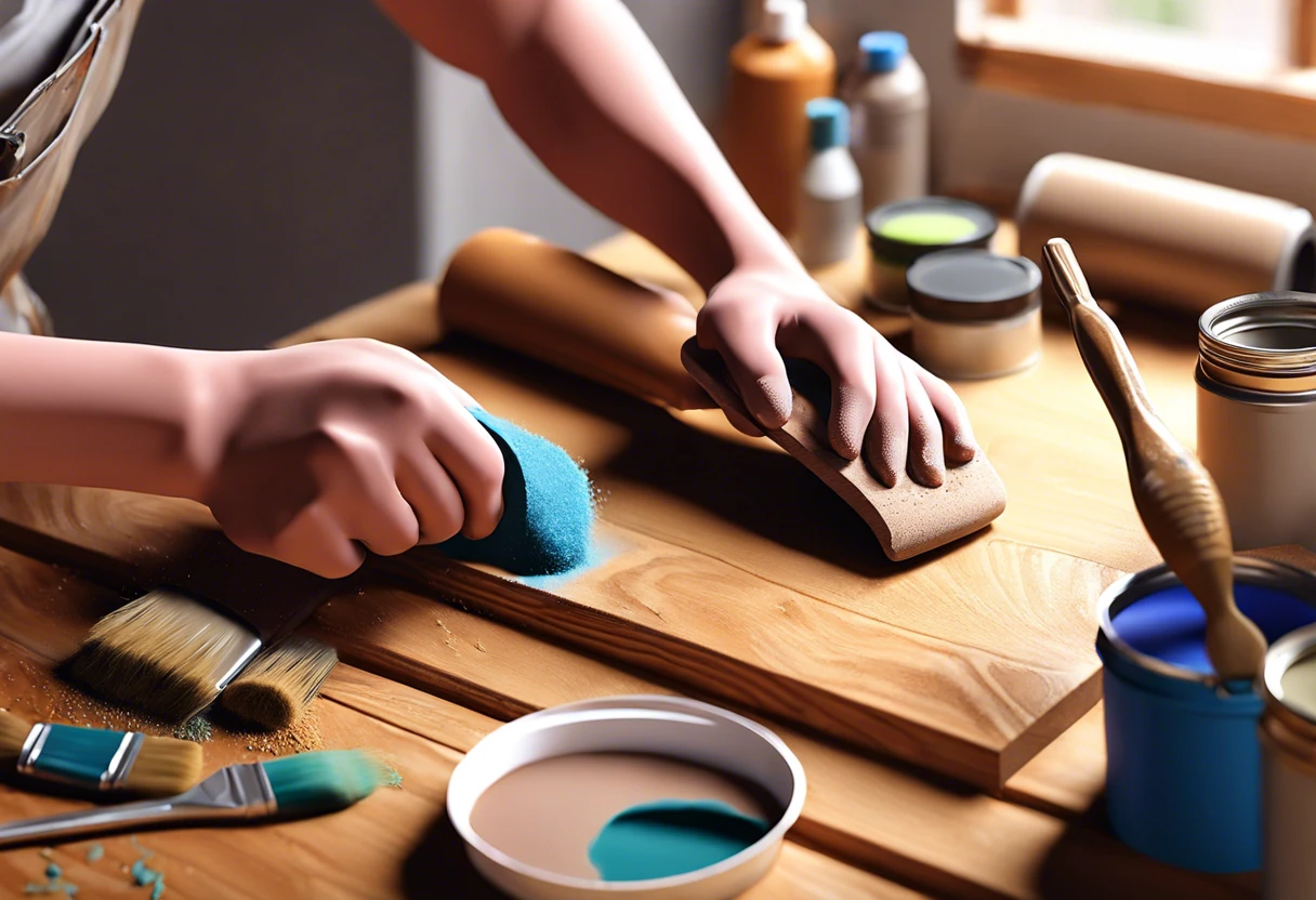 Person sanding wood surface to prepare for painting, showing tools and materials related to sanding paint.