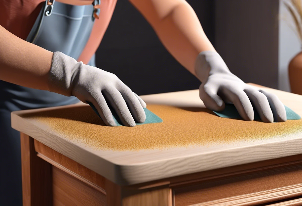 Person sanding wood with sandpaper to remove paint, demonstrating the appropriate grit for effective paint removal.