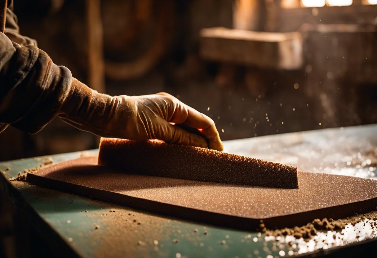 Person using sandpaper to remove paint from a surface, showcasing the process and grit options.