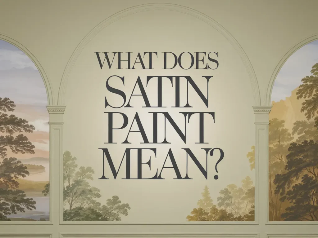 Text graphic explaining what satin paint means with trees and landscape background