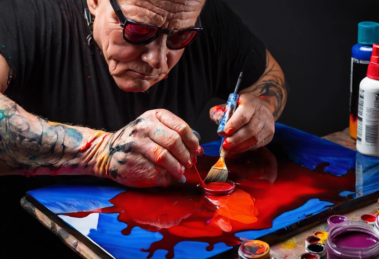 Artist sealing acrylic paint on glass surface with brush, showcasing techniques for preserving artwork.