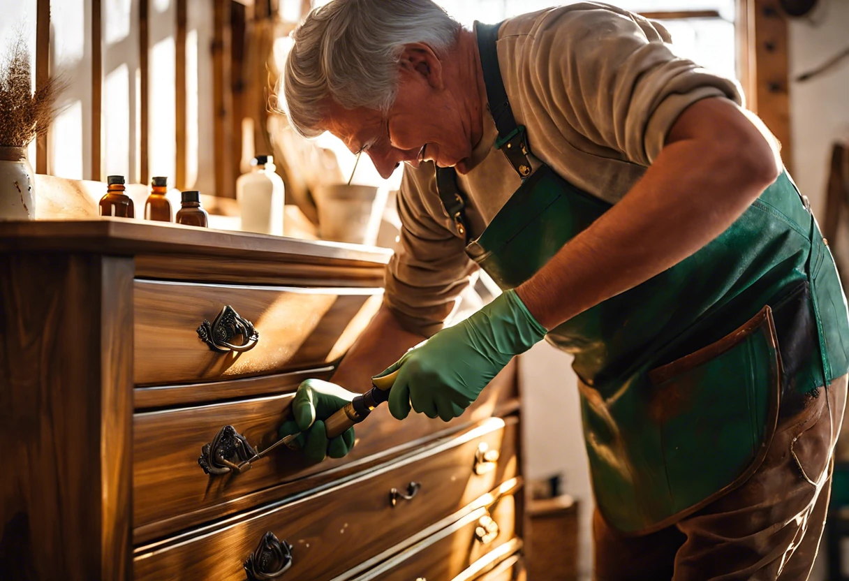 Man sealing painted furniture with gloves in a workshop