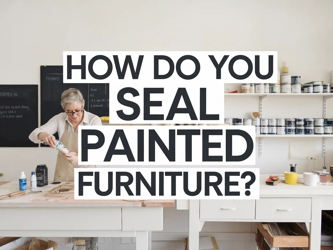 A person demonstrating the process of sealing painted furniture with paint cans and tools.