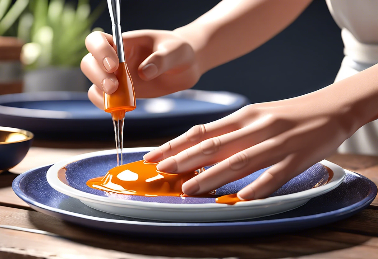 Person sealing a painted plate with a brush, demonstrating the technique for preserving decorative plates.