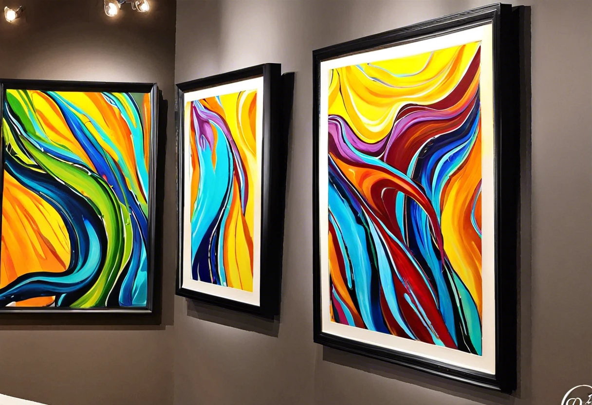 Colorful art paintings displayed in a gallery, showcasing vibrant abstract designs for sale