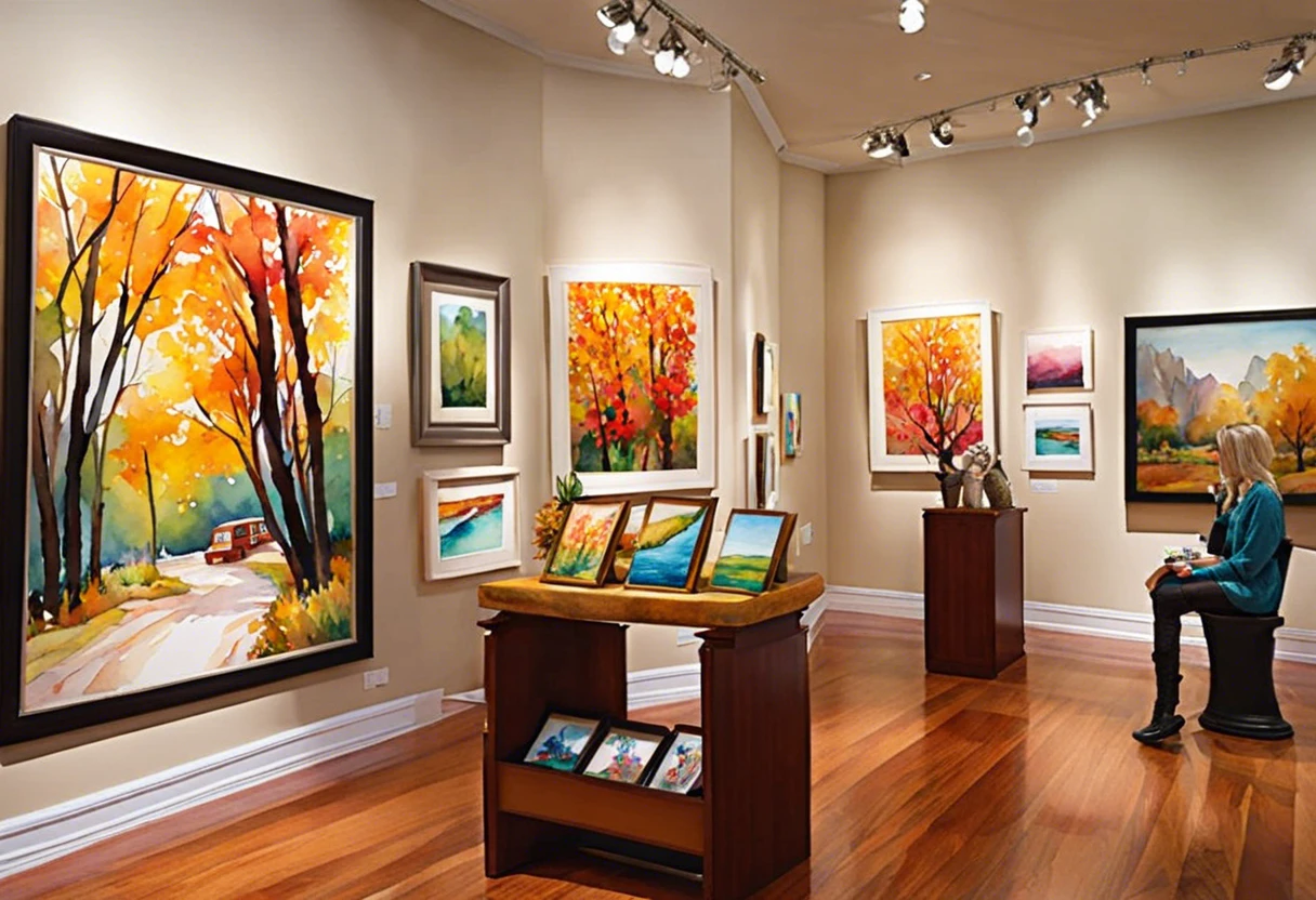 A woman admiring colorful paintings in an art gallery, highlighting places where you can sell your painting.