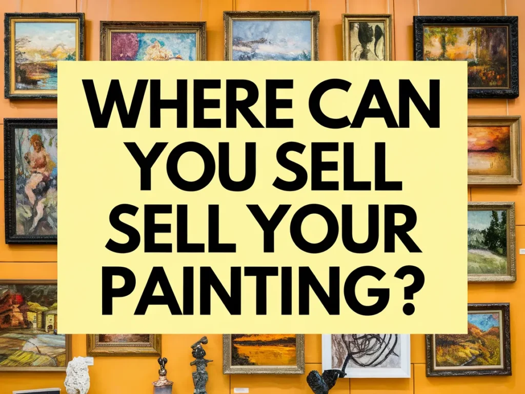 A collection of paintings on display in a gallery with a question asking where to sell your painting.